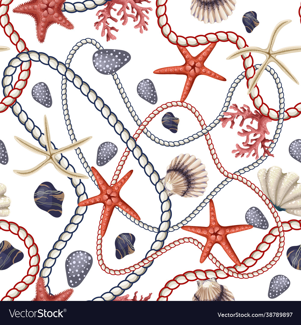 Seamless pattern with starfishes shells and rope vector image Seamless pattern with starfishes shells and rope