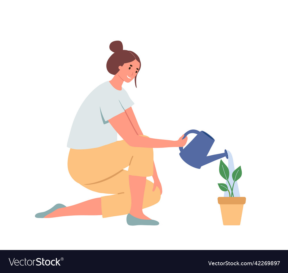 Smiling young woman watering plant in pot Vector Image