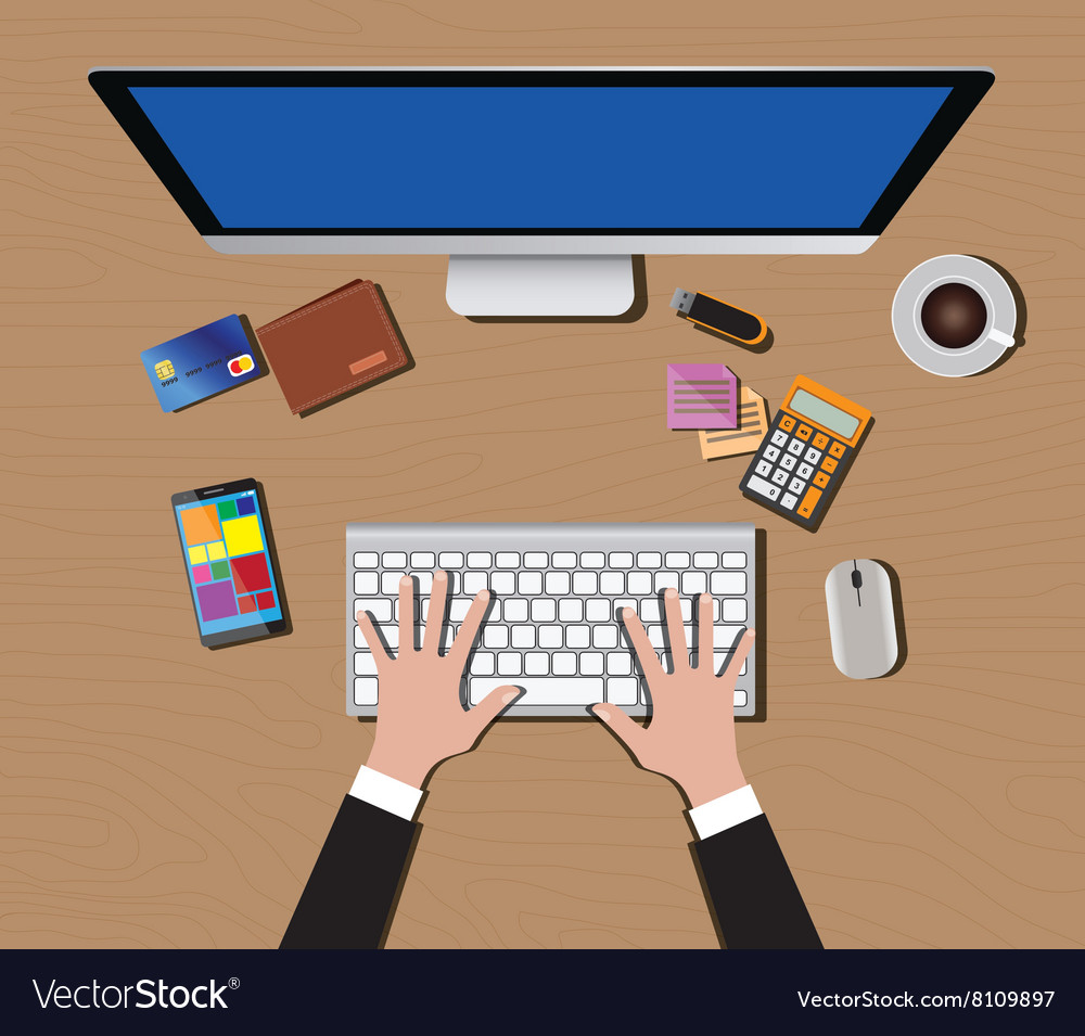 Workspace with computer keyboard mouse coffee