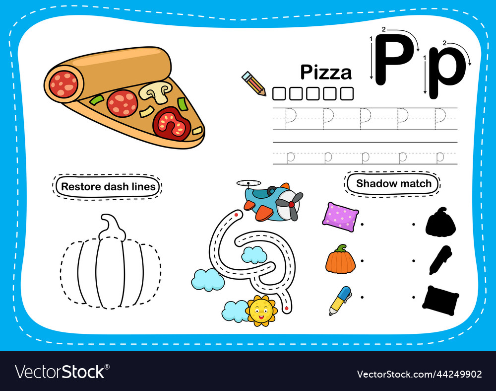 Alphabet letter p - pizza exercise with cartoon Vector Image