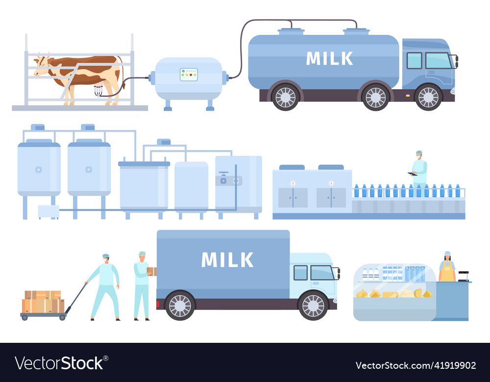 Cow milk automated process on factory line Vector Image