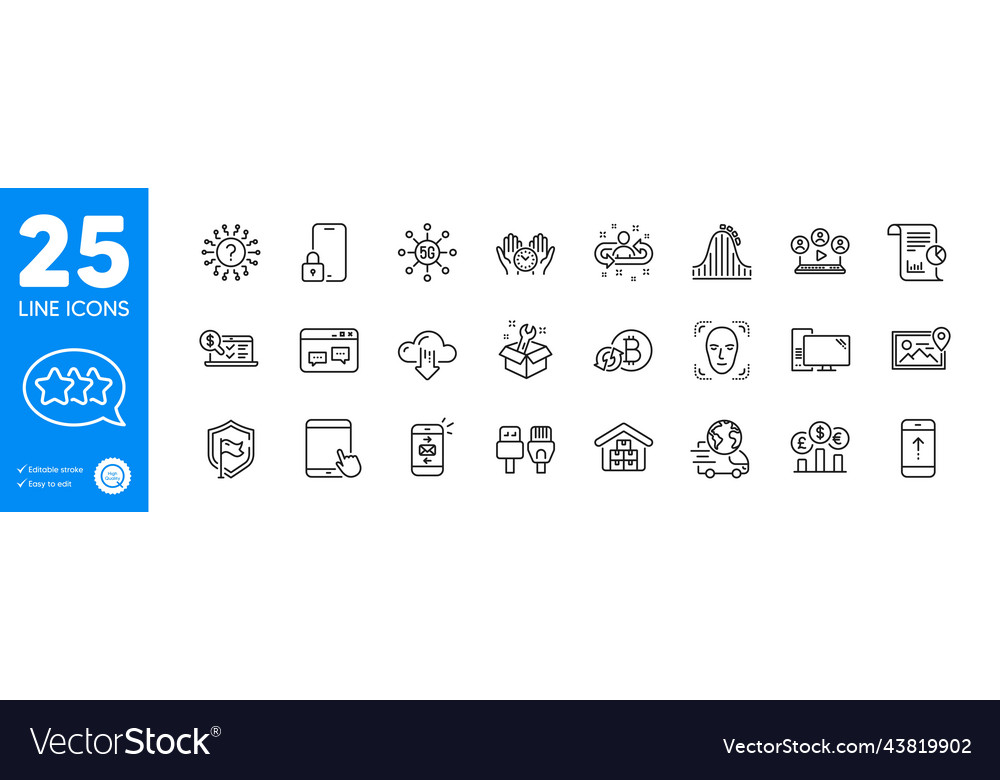 Outline icons set lock computer cables vector image Outline icons set lock computer cables