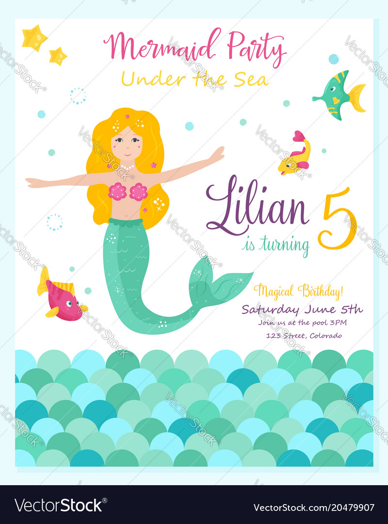 Bright invitation card with cute fairy mermaid