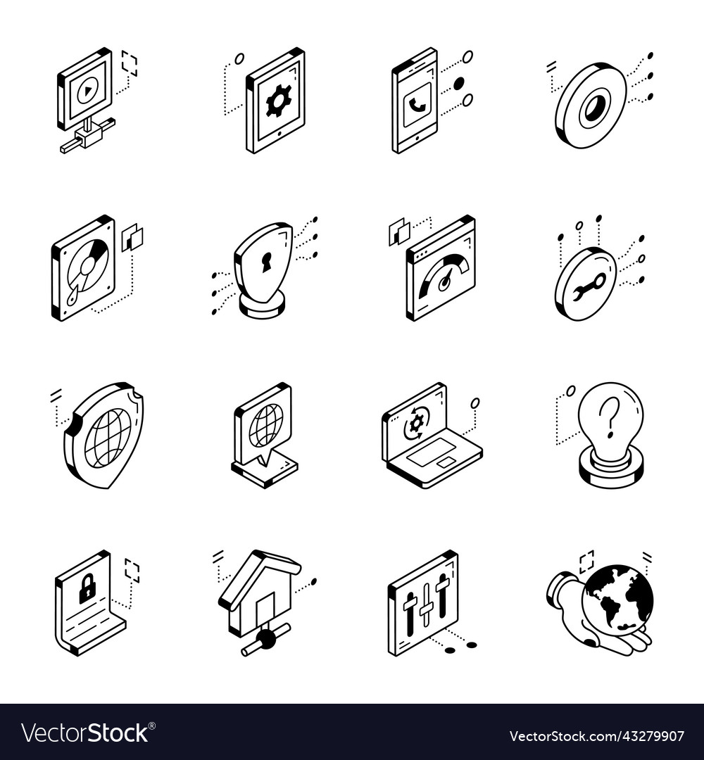 Isometric line icons of web and cybersecurity