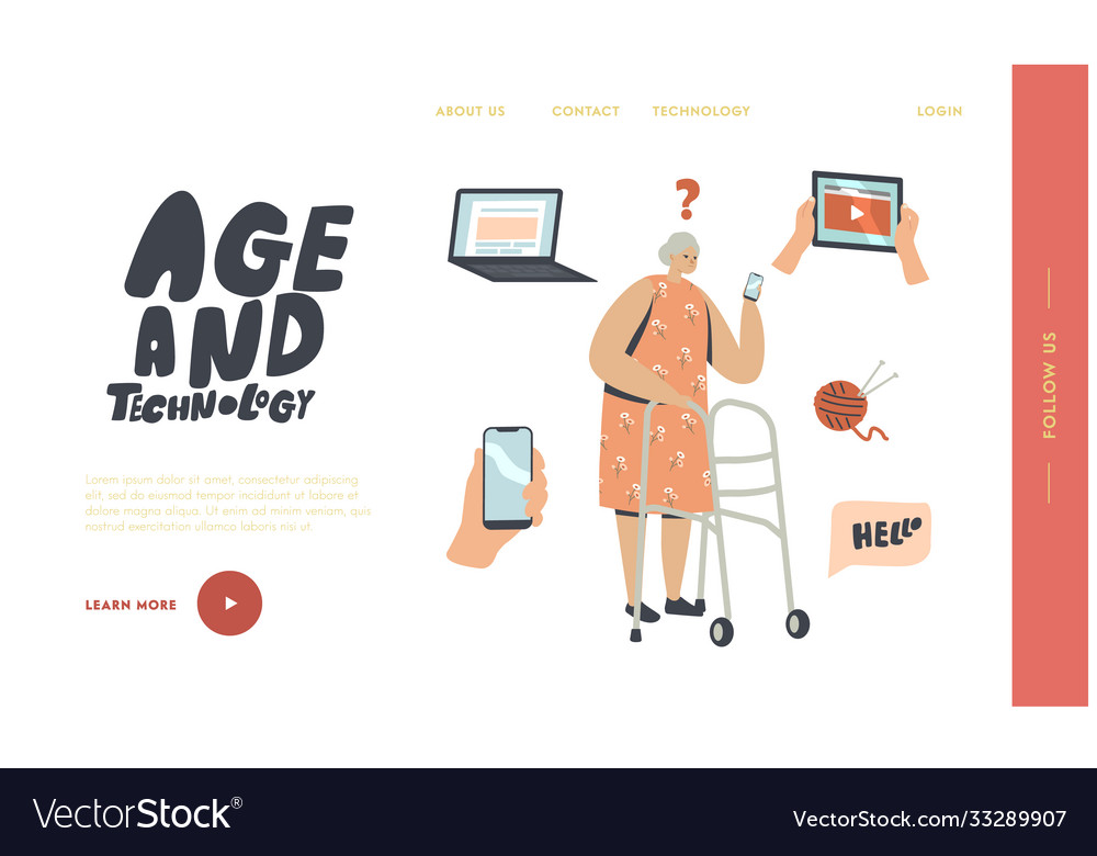 Old female character learn computer and mobile