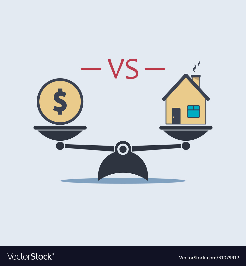 Dollar Münze vs Haus Symbol im Maßstab Symbol in flach