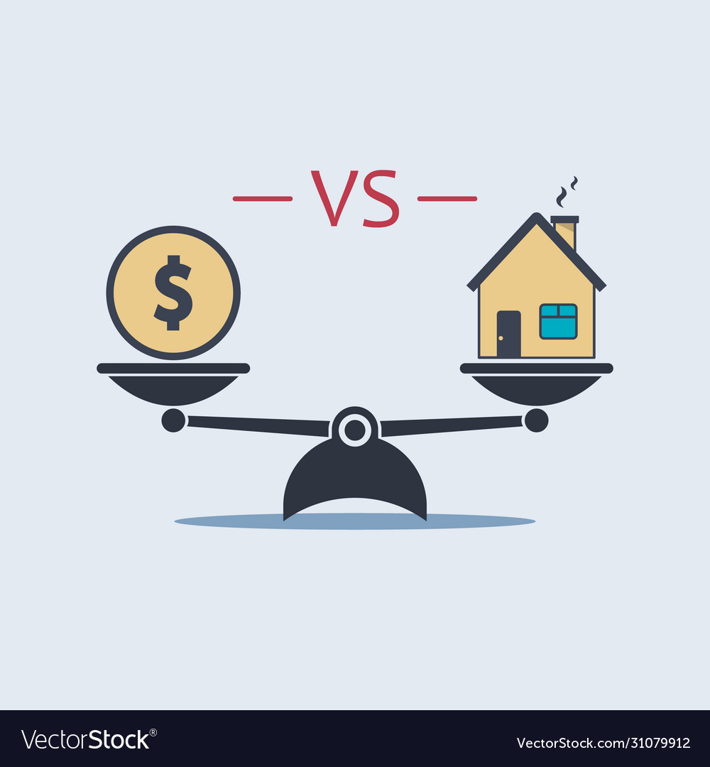 Dollar coin vs house icon on scale symbol in flat