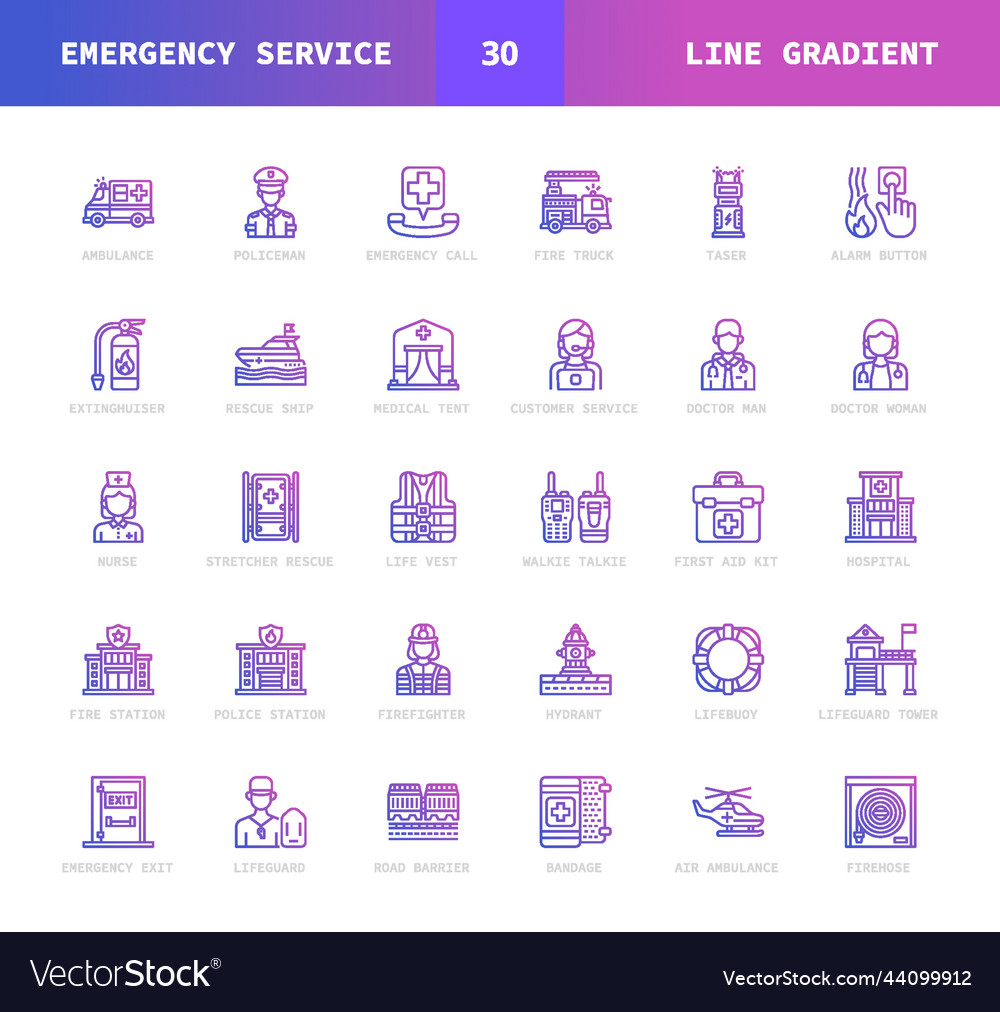 Emergency services line gradient style icons set