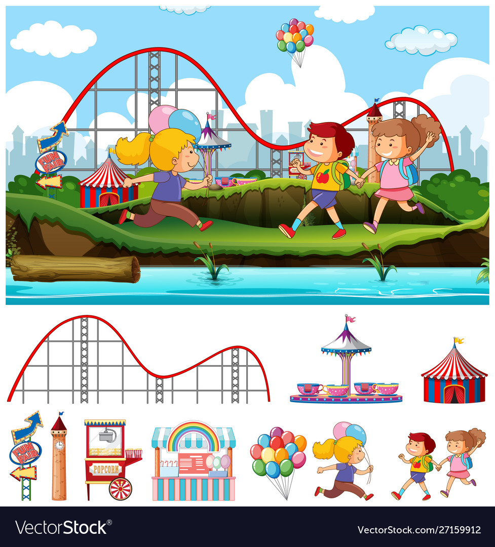 Scene background design with children at funfair Vector Image