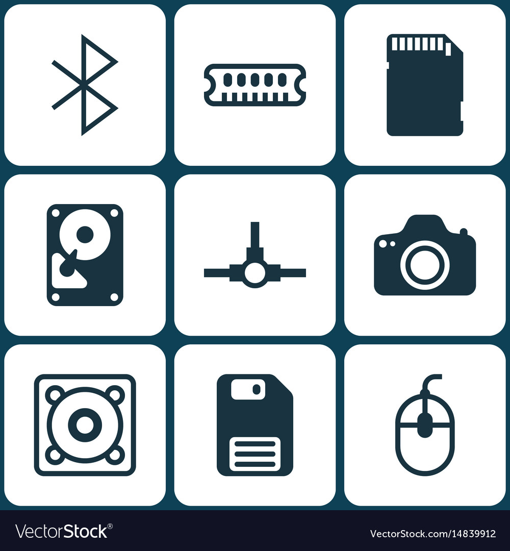 Set of 9 computer hardware icons includes