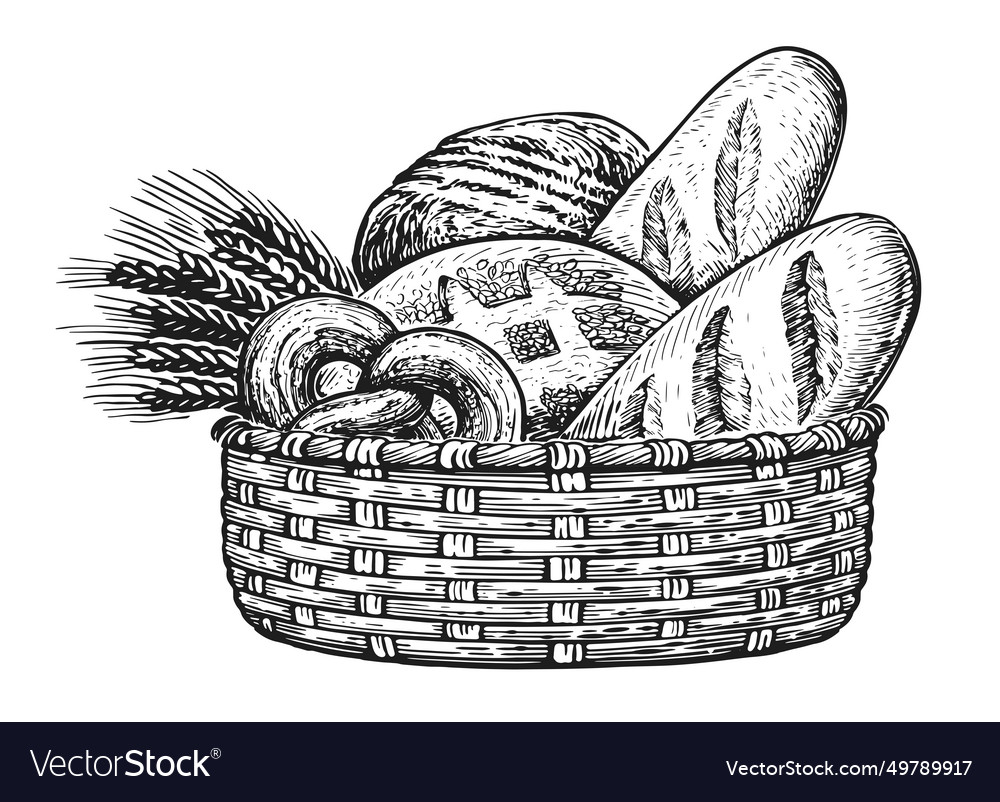 Baked goods in basket breads and wheat Royalty Free Vector