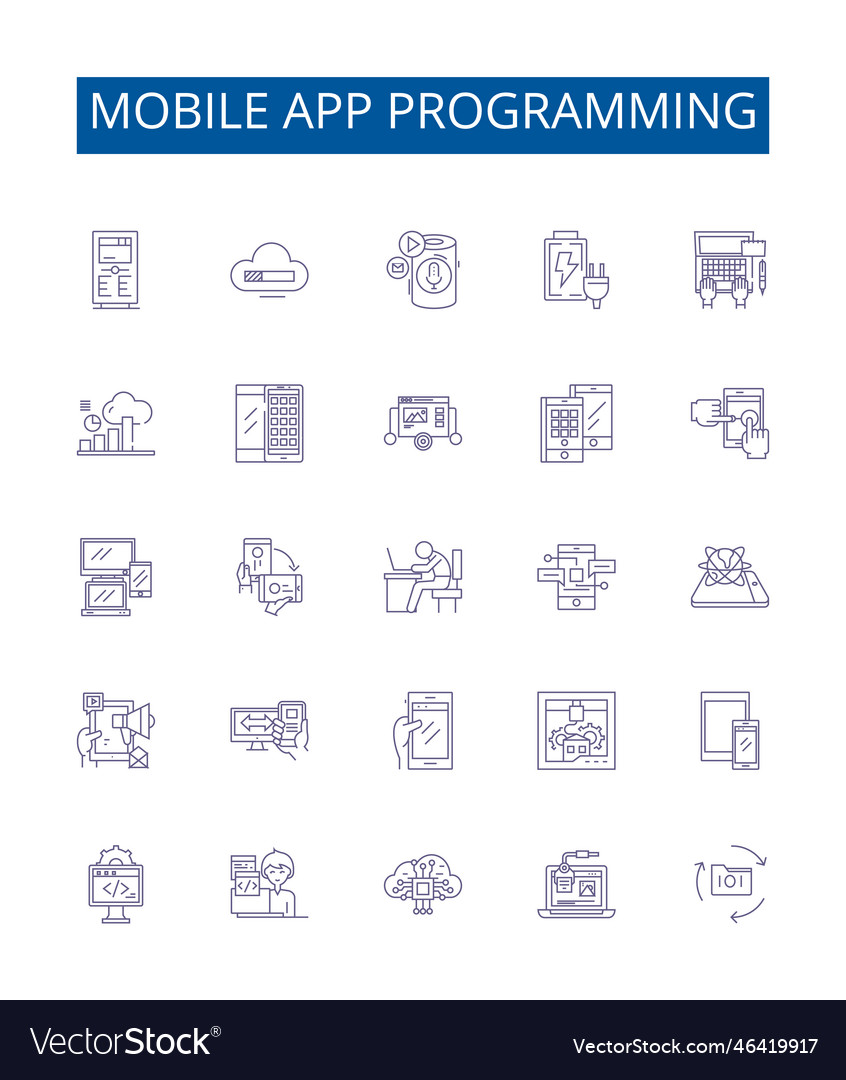 Mobile app programming line icons signs set