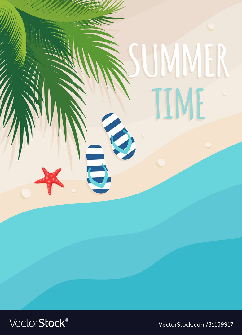 Summer beach card with sand sea and palm trees Vector Image