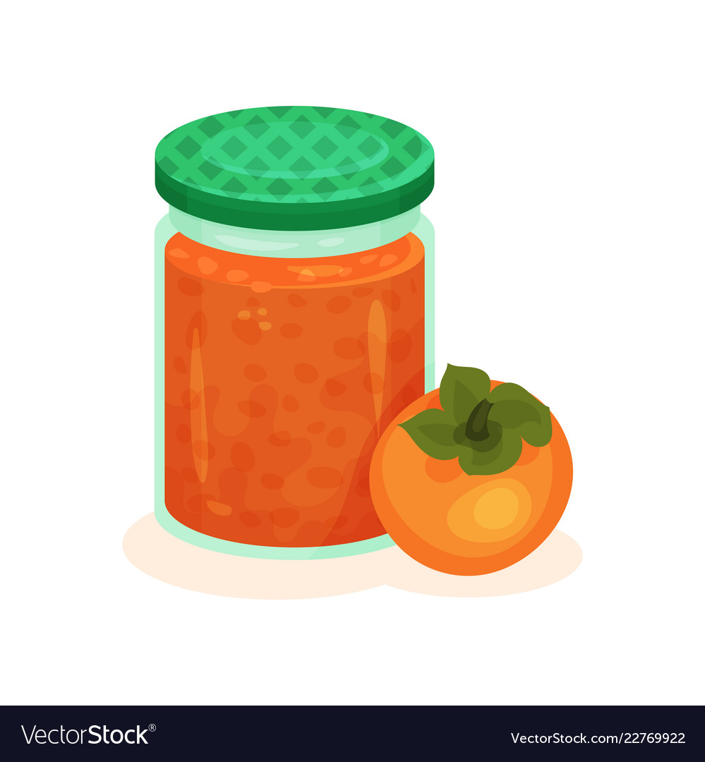 Glass jar of tasty jam and whole persimmon