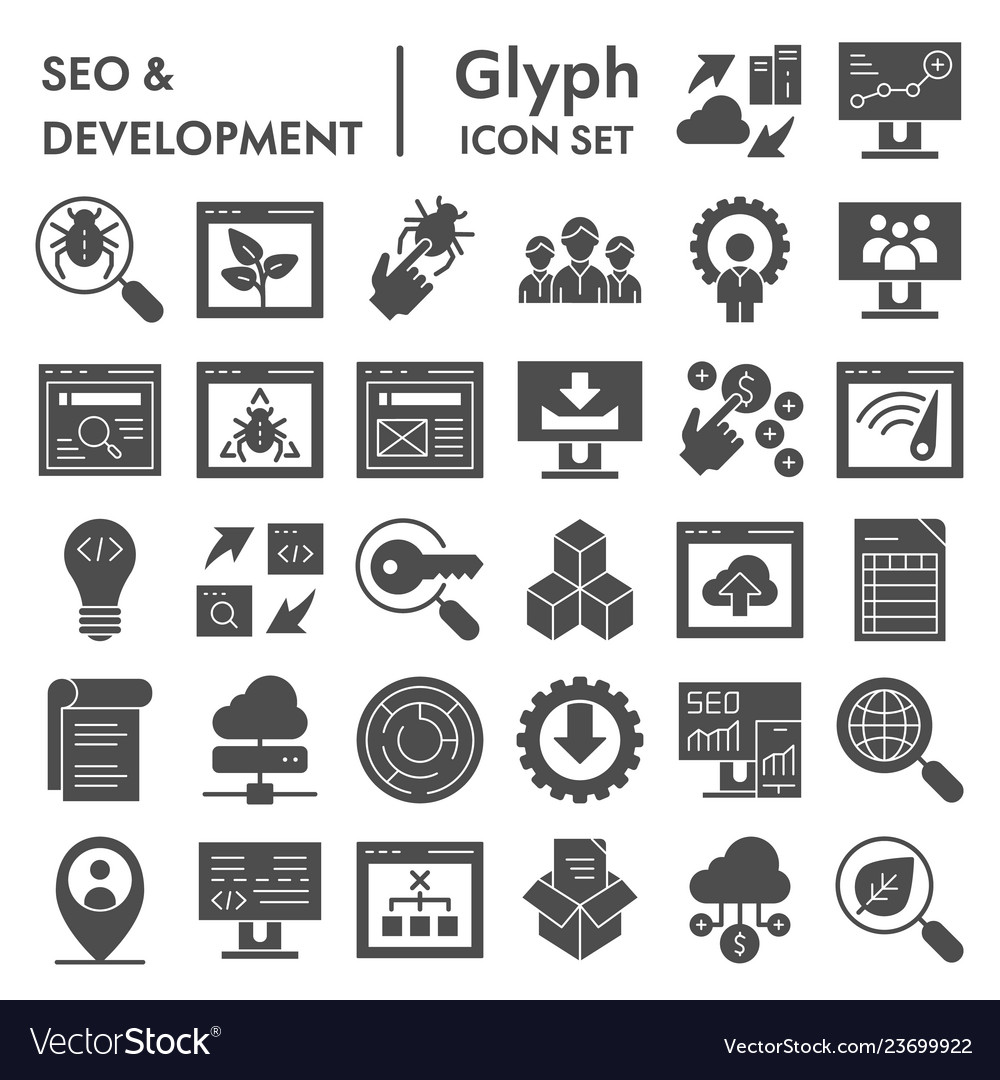 Seo and development glyph icon set computing vector image Seo and development glyph icon set computing