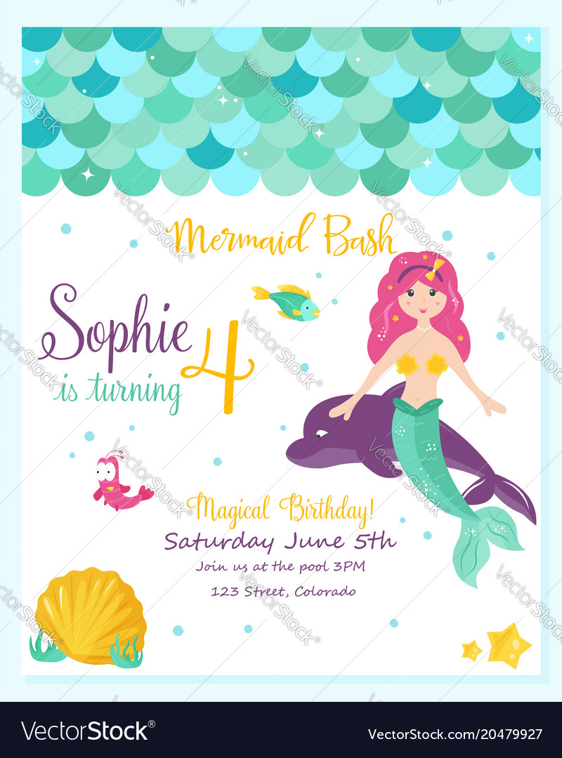 Bright invitation card with cute fairy mermaid