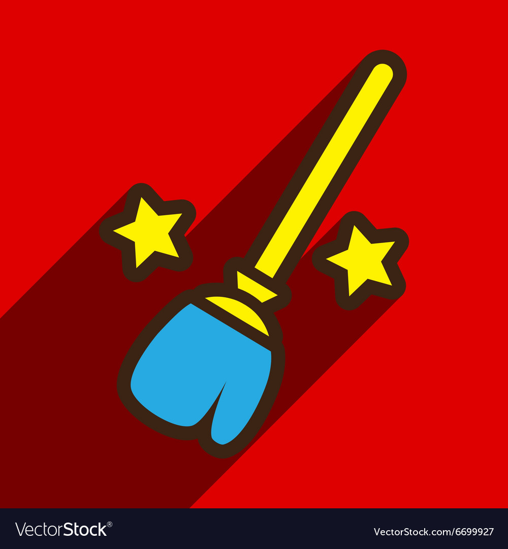 Flat with shadow icon broom and stars on colored