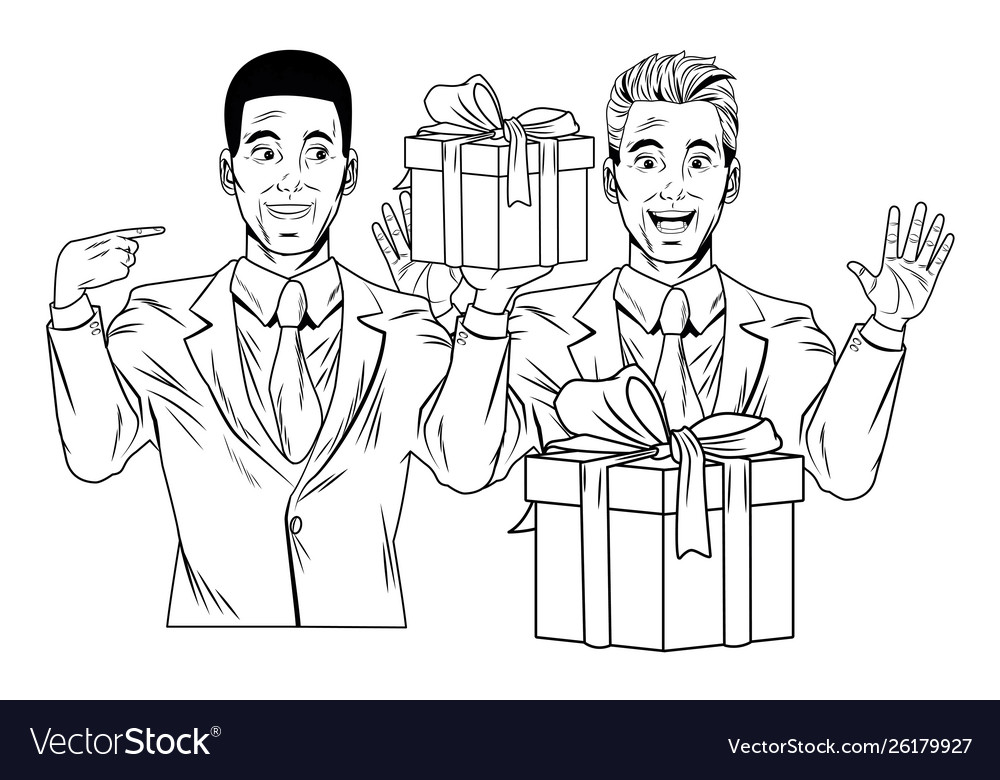 Men avatar with gift box in black and white