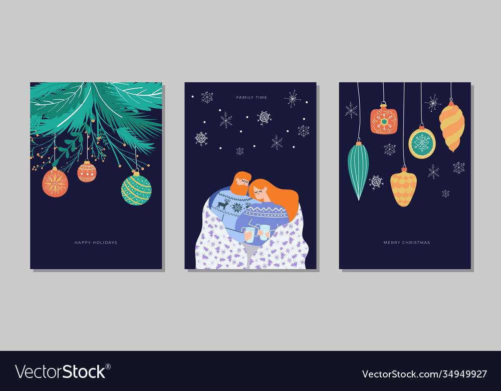 Set christmas cards with happy family holiday Vector Image