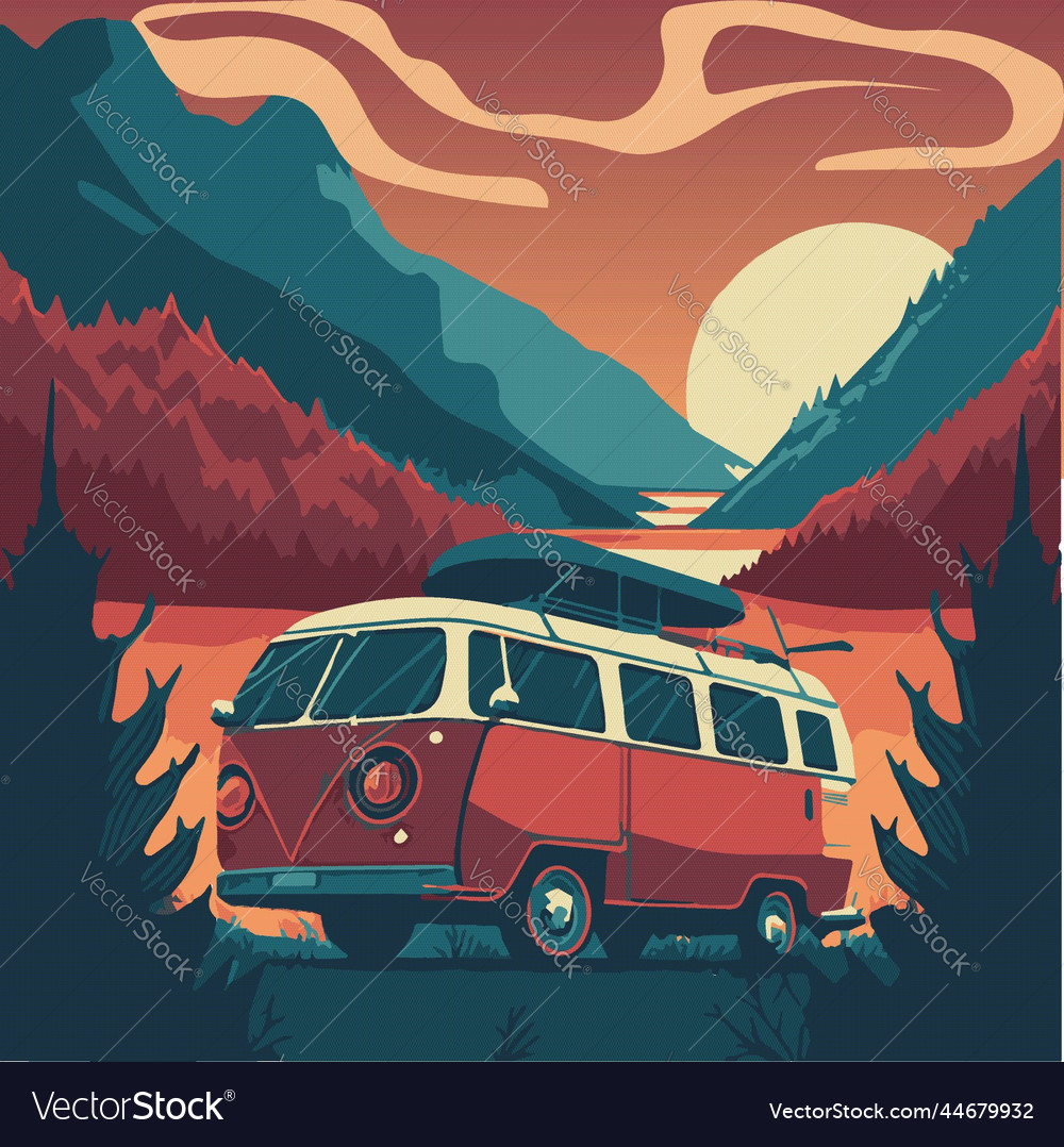 Campervan in nature art Royalty Free Vector Image