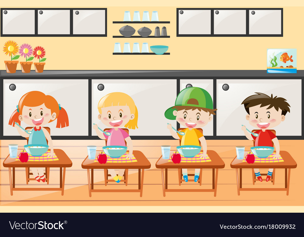 Four kids eating in kitchen Royalty Free Vector Image