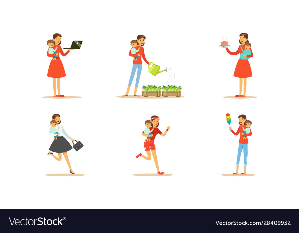 Housewife engaging in different domestic works Vector Image