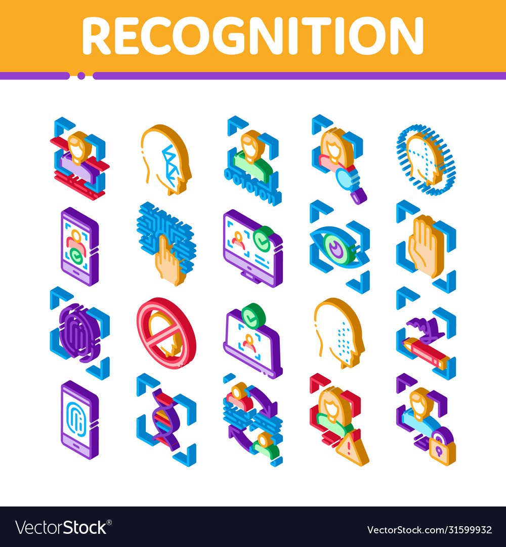 Recognition isometric elements icons set vector image Recognition isometric elements icons set
