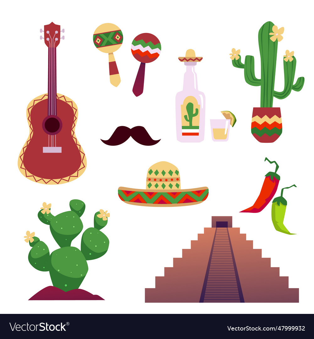 Set of mexican traditional symbols sombrero hat Vector Image