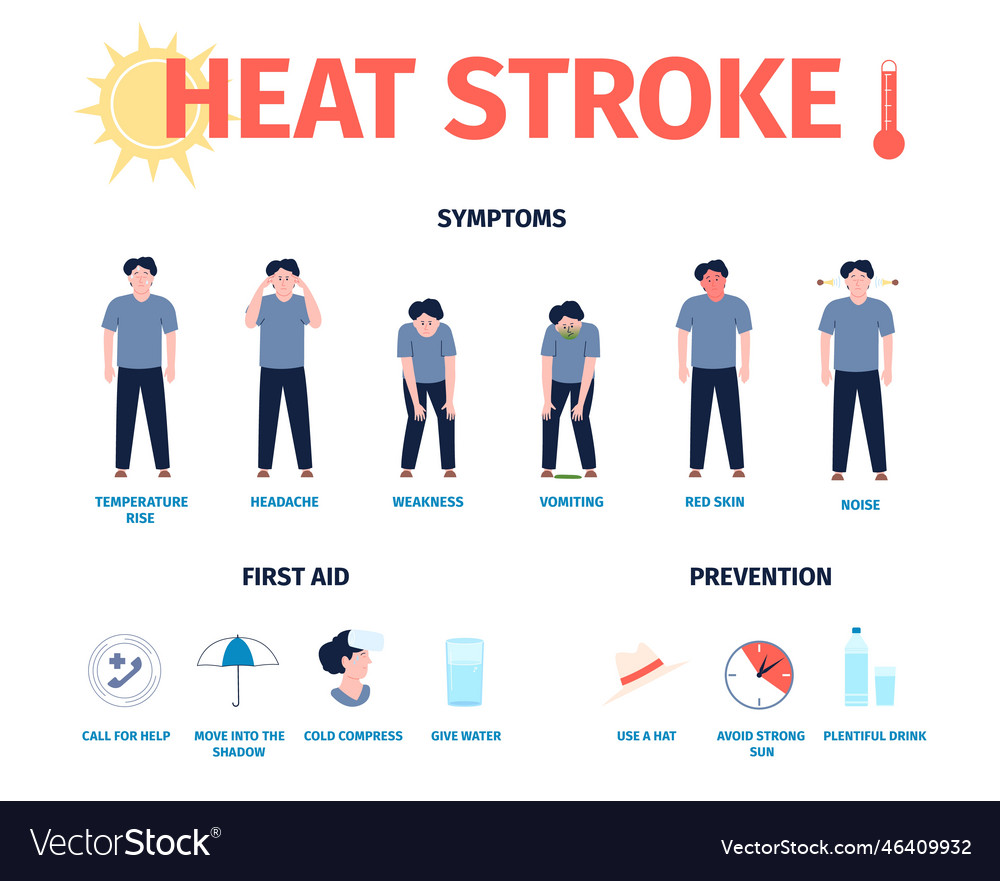 Summer heat stroke infographic symptoms Royalty Free Vector