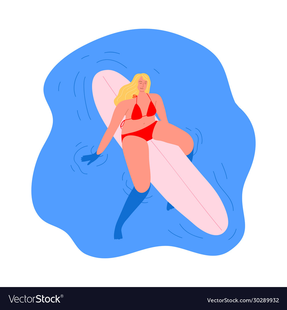 Surfer girl character in a red swimsuit riding