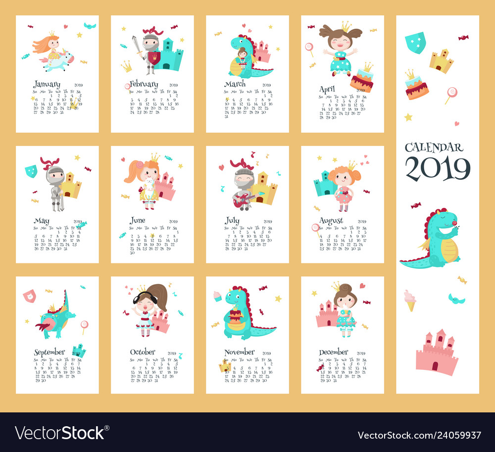 2019 calendar template with princess Royalty Free Vector