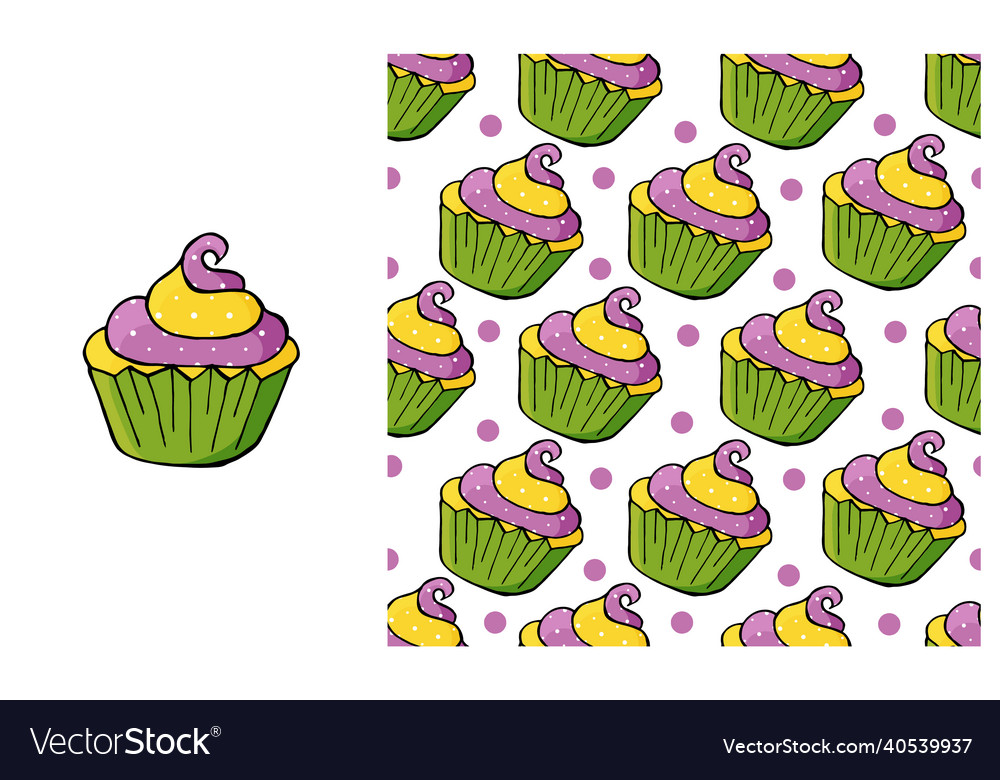 Cupcake muffin set of element and seamless pattern Vector Image Cupcake muffin set of element and seamless pattern