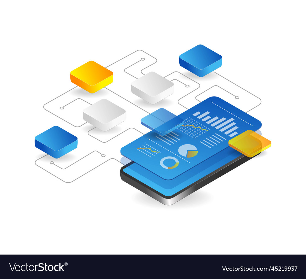 Flat isometric 3d smartphone network application vector image Flat isometric 3d smartphone network application