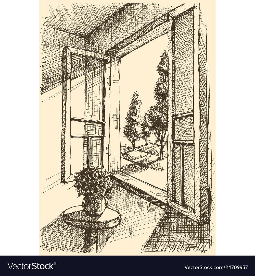 Garden view from window hand drawing Royalty Free Vector