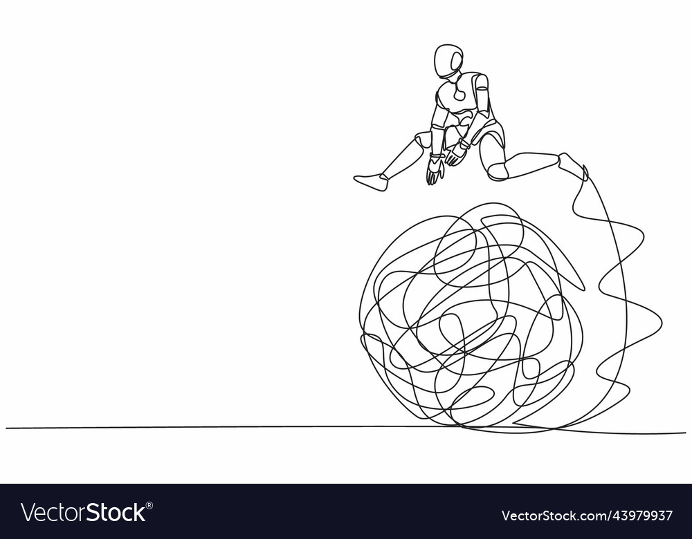 Single one line drawing robot jumping over vector image Single one line drawing robot jumping over