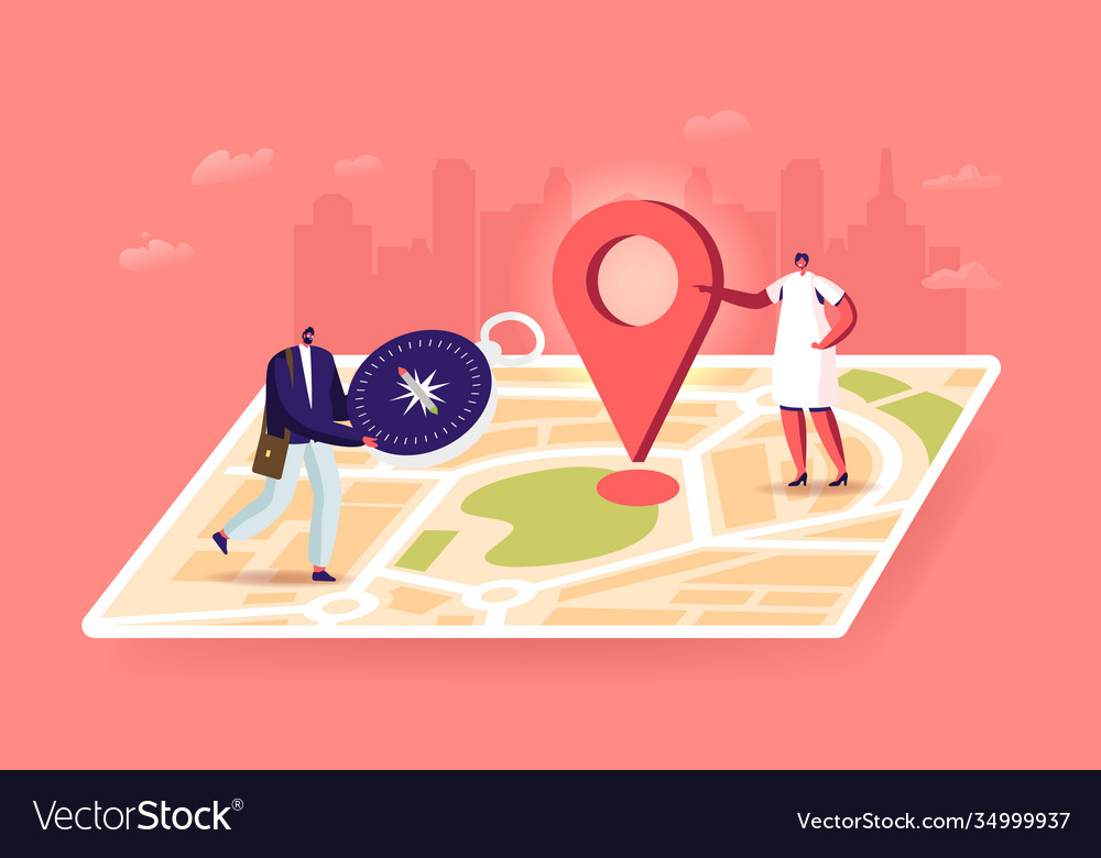 Tiny characters orienteering at huge paper map vector image Tiny characters orienteering at huge paper map