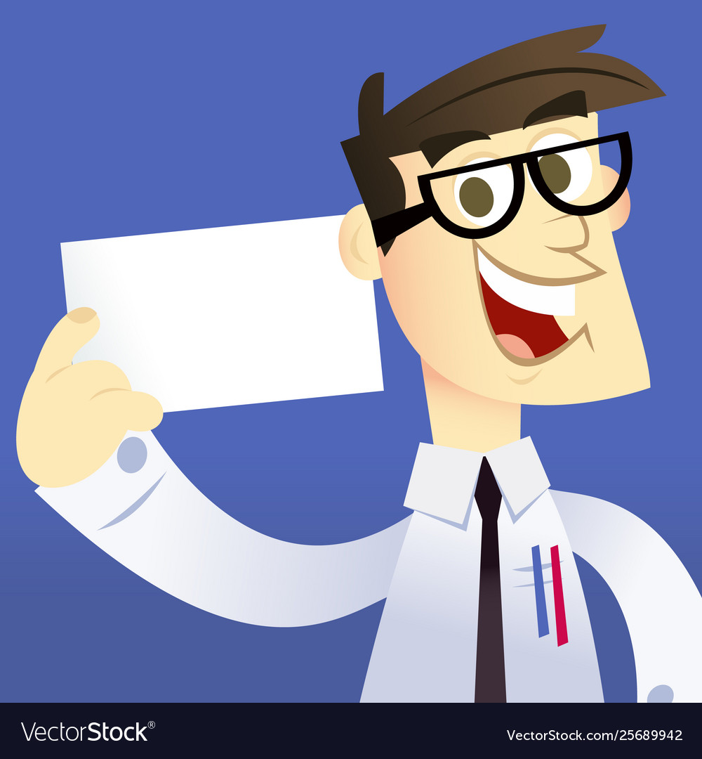 Cartoon geek holding blank card