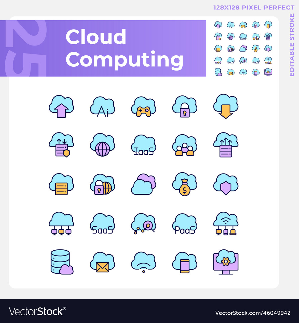 Cloud computing pixel perfect rgb color icons set vector image Cloud computing pixel perfect rgb color icons set