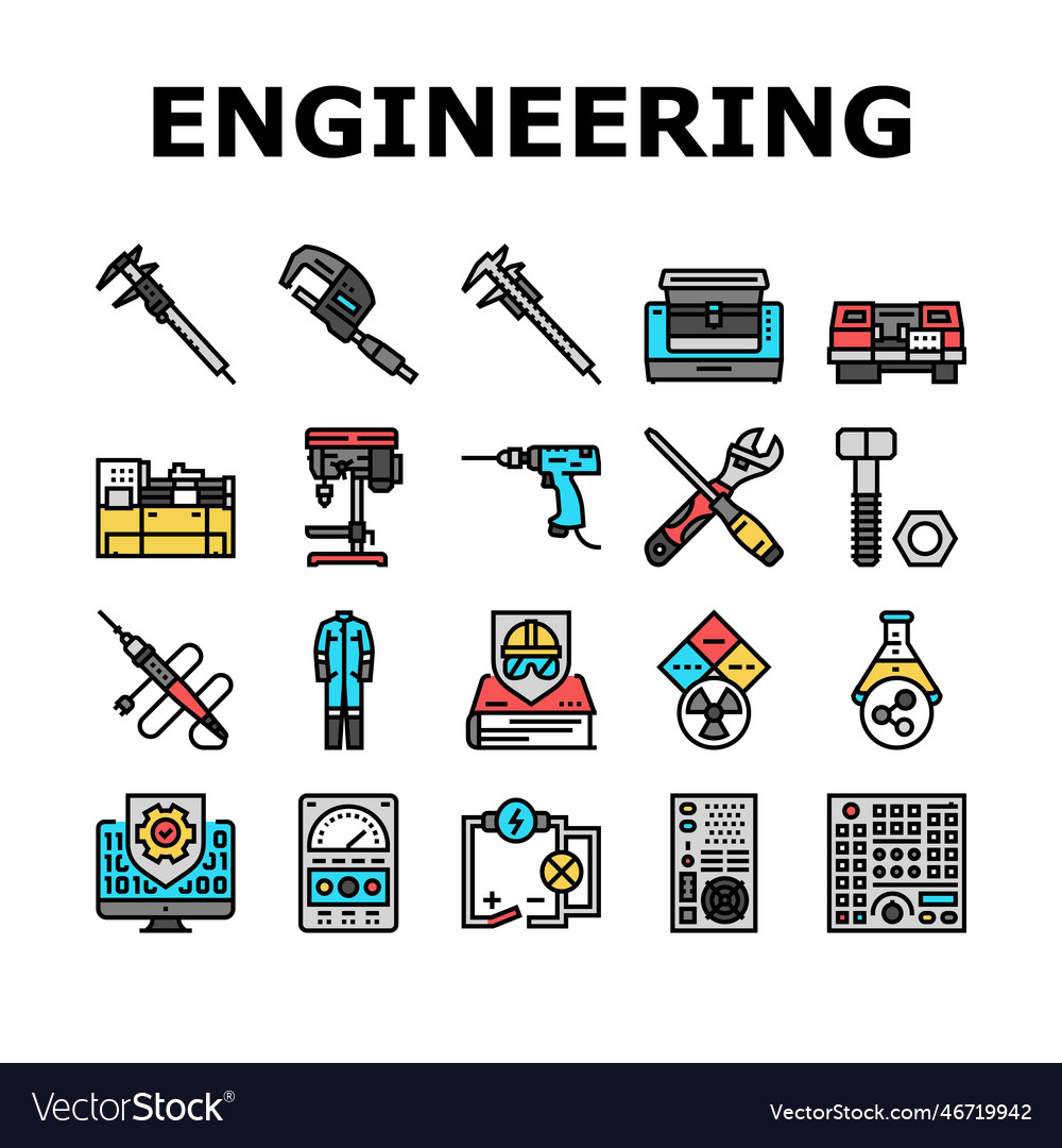 Engineering tool work wrench icons set