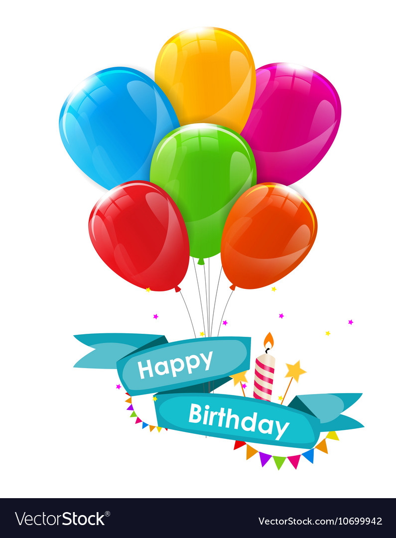 Happy Birthday Card Template with Balloons Ribbon Vector Image