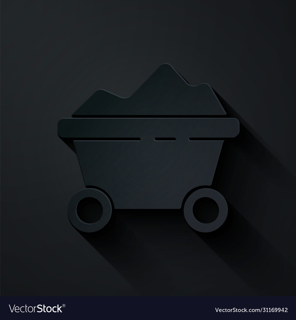 Paper cut coal mine trolley icon isolated on black vector image Paper cut coal mine trolley icon isolated on black