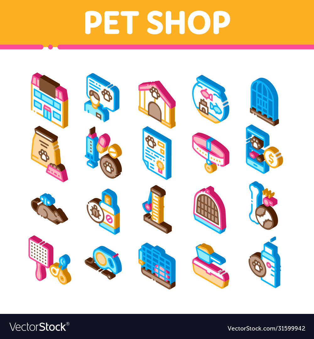 Pet shop isometric elements icons set Royalty Free Vector