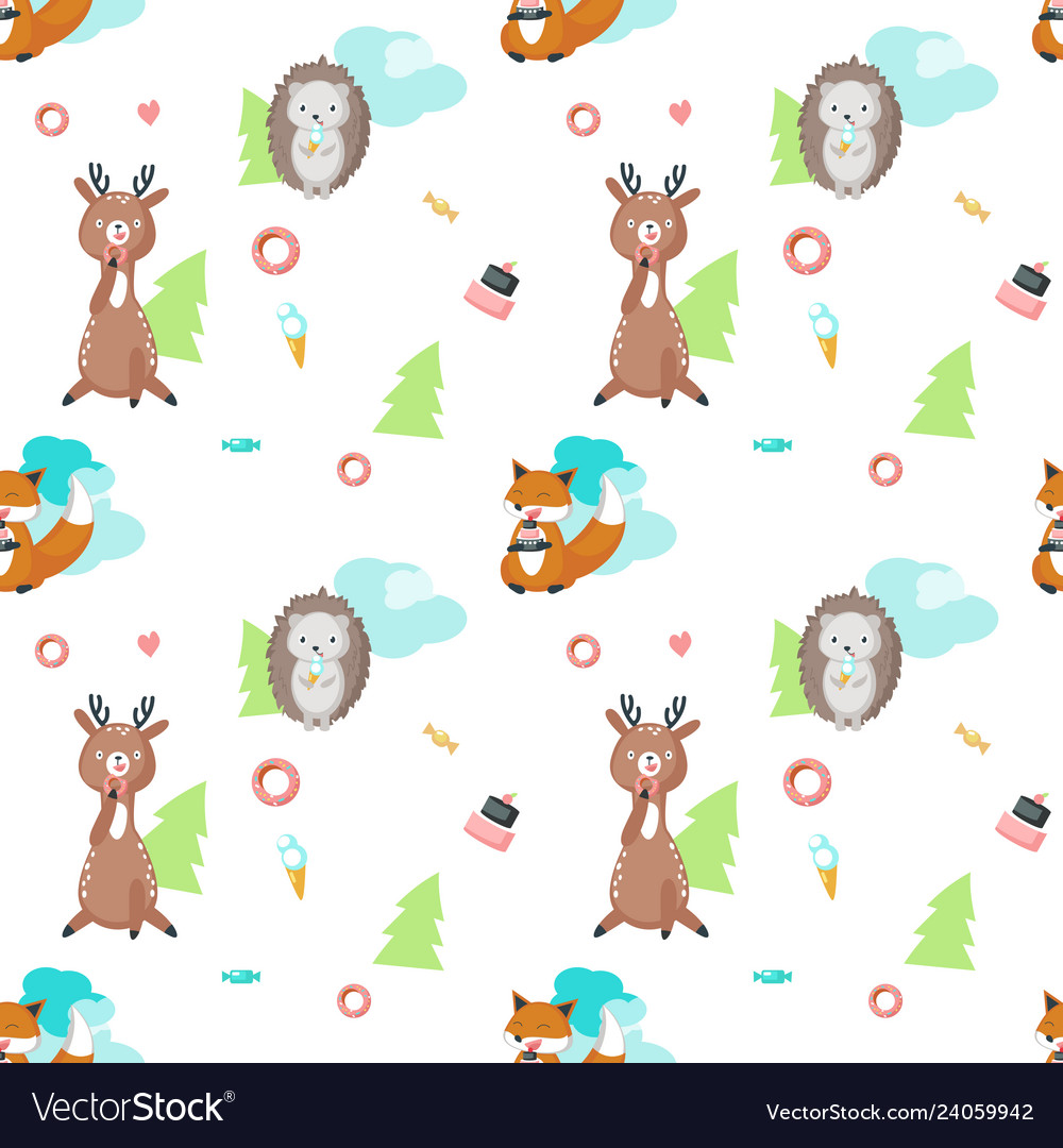 Seamless pattern with cute eating animals vector image Seamless pattern with cute eating animals