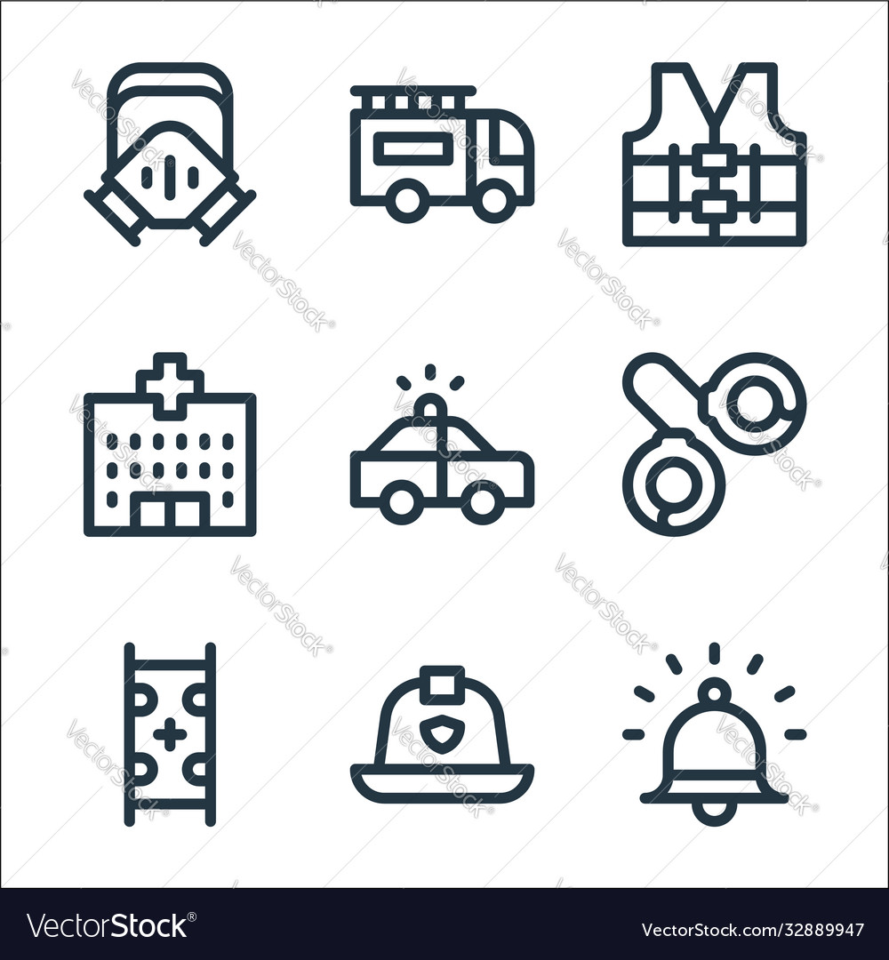 Emergencies line icons linear set quality vector image Emergencies line icons linear set quality
