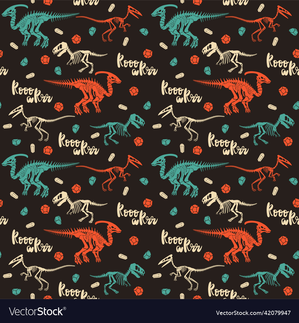 Seamless pattern with dinosaur skeleton