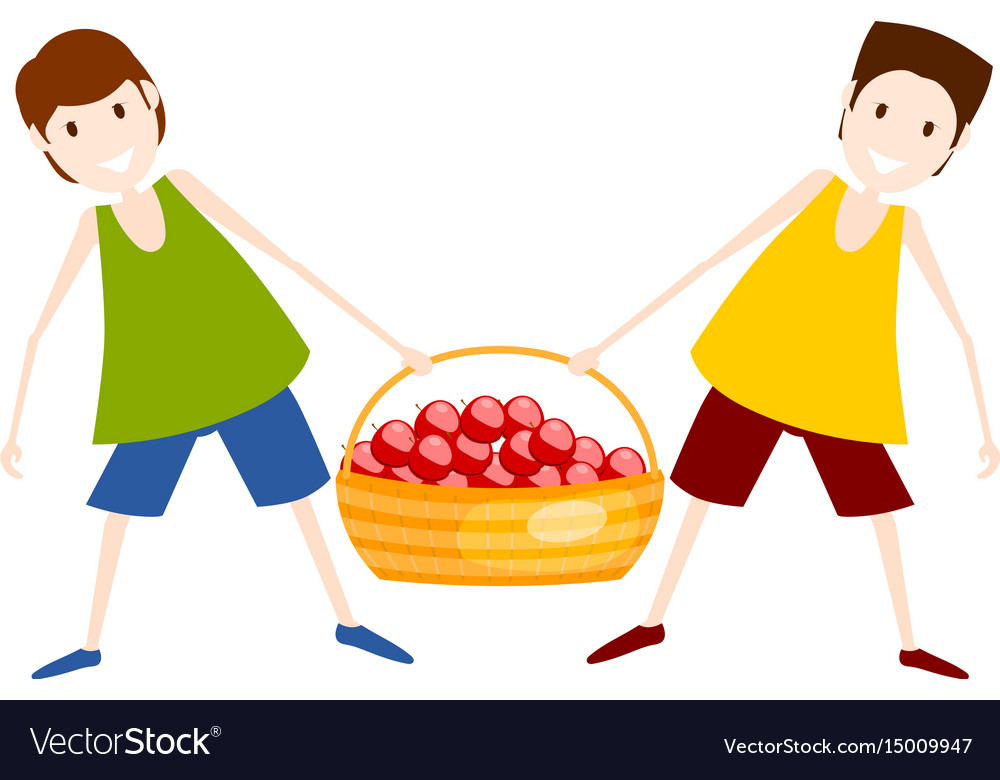 Two boys with a basket of red apples harvesting