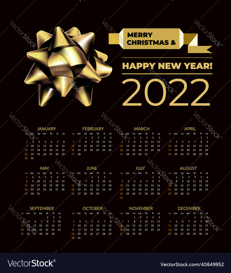 Calendar for 2022 with a gold bow Royalty Free Vector Image