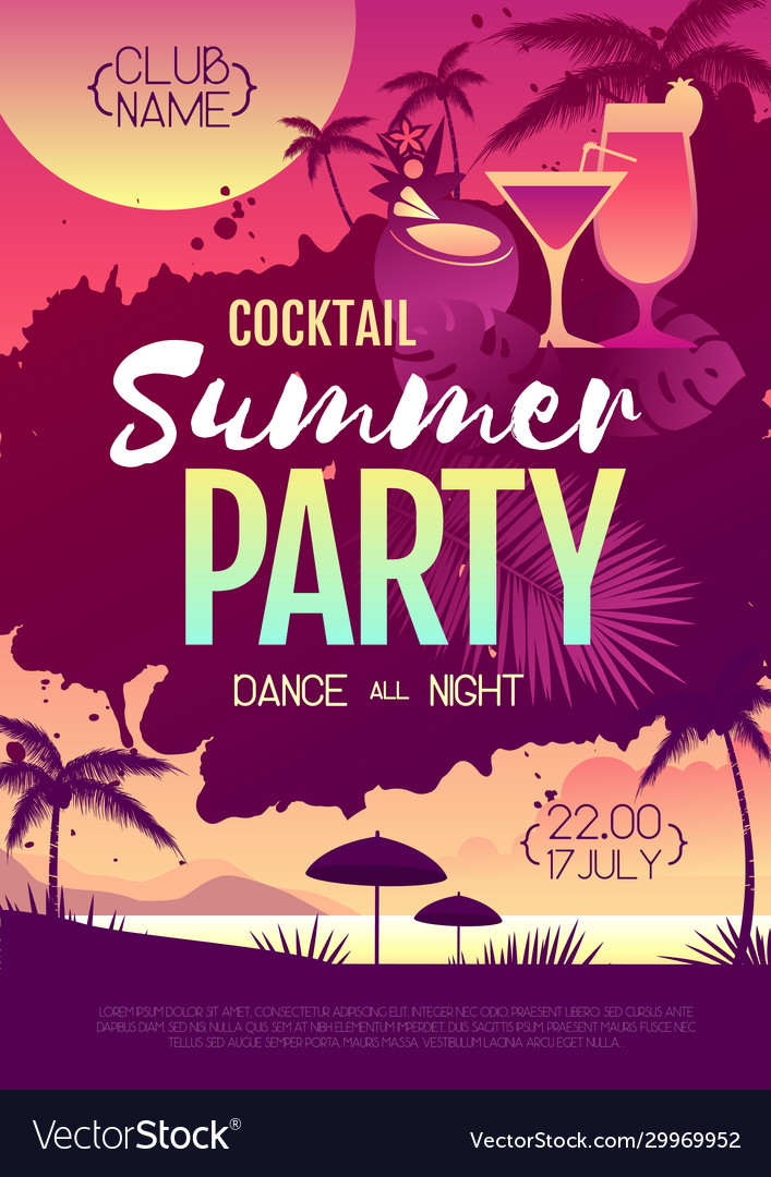 Colorful summer cocktail disco party poster Vector Image