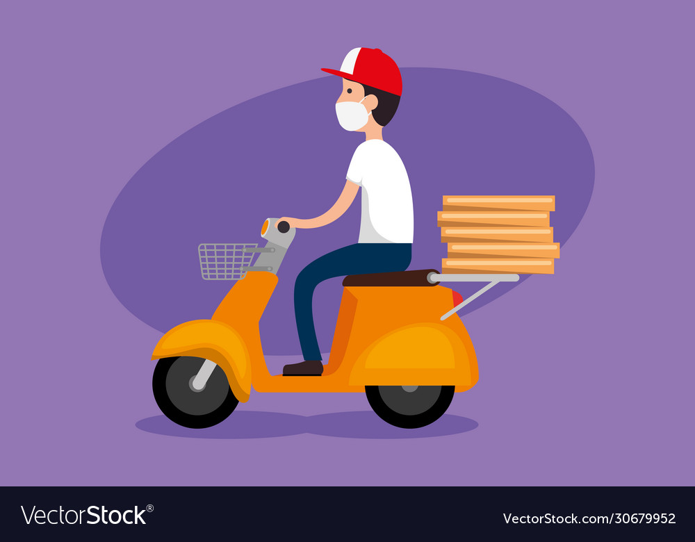 Delivery worker using face mask in motorcycle