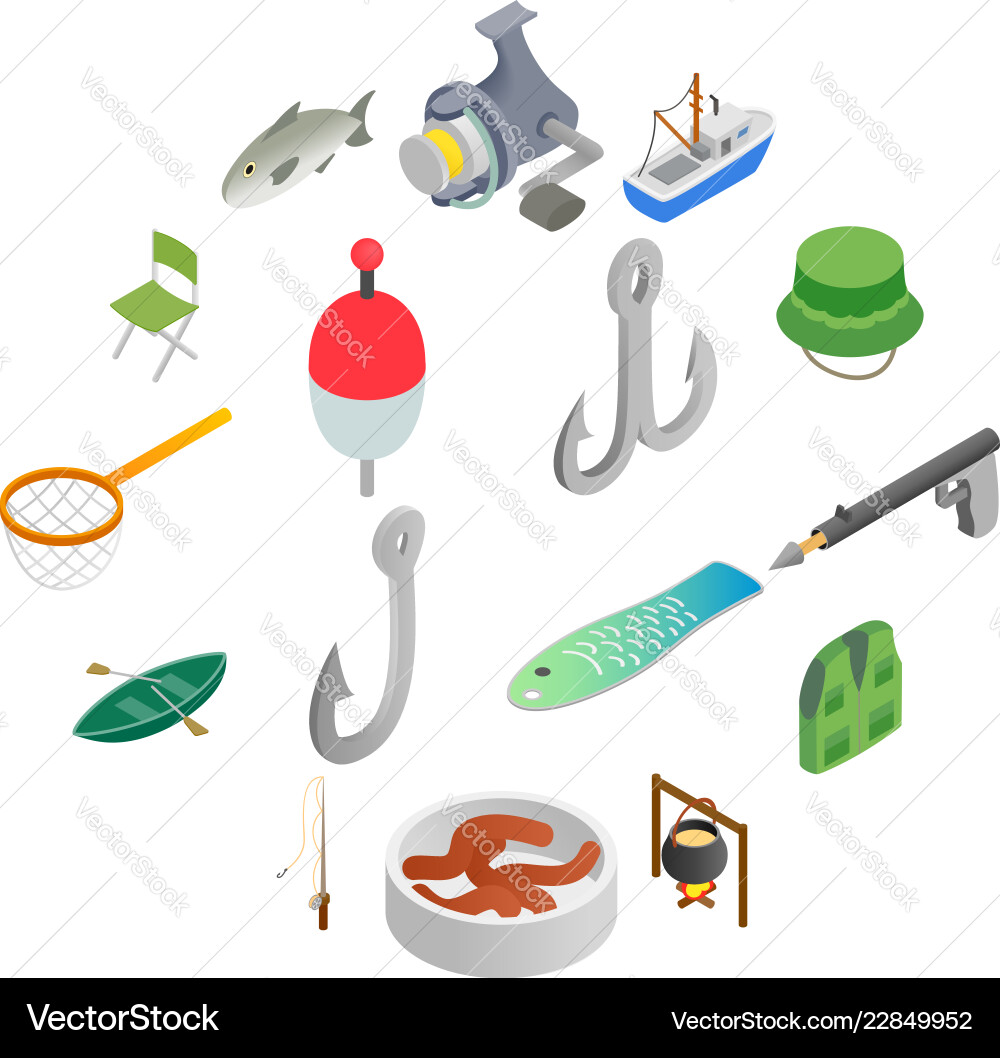 Fishing isometric 3d icons set Royalty Free Vector Image